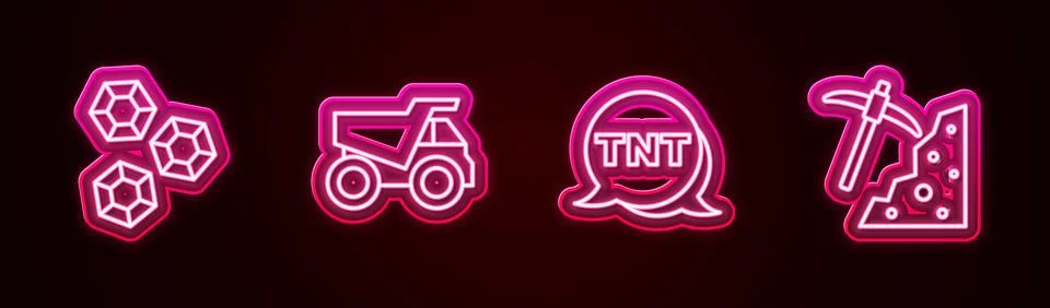 Set line Gem stone, Mining dump truck, Dynamite and Pickaxe. Glowing neon i.. Stock Illustration