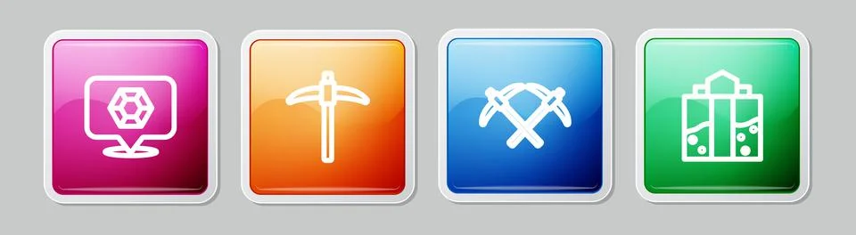 Set line Gem stone, Pickaxe, and Mine entrance. Colorful square button. Vector イラスト素材