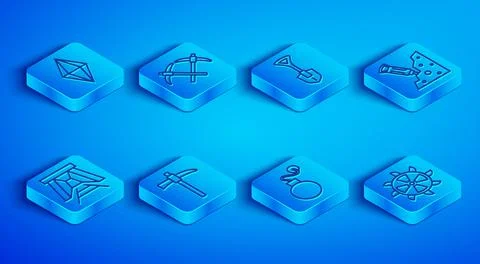 Set line Gem stone, Pickaxe, Shovel, Bomb, Construction jackhammer, Mine entr Ilustração Stock