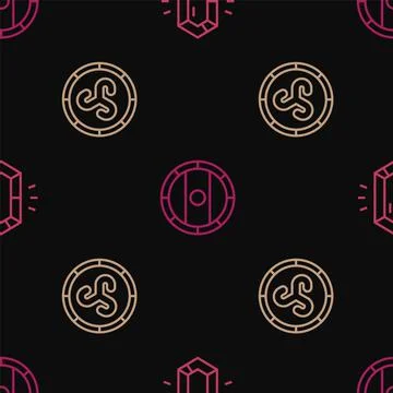 Set line Gem stone, Shield viking and on seamless pattern. Vector Stock Illustration