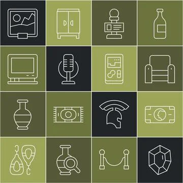 Set line Gem stone, Stacks paper money cash, Armchair, Microphone, Retro tv Stock Illustration