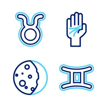 Set line Gemini zodiac, Eclipse of the sun, Palmistry hand and Taurus icon. V 스톡 일러스트