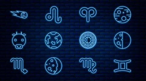 Set line Gemini zodiac, Eclipse of the sun, Aries, Planet Earth, Ox, Comet Stock Illustration