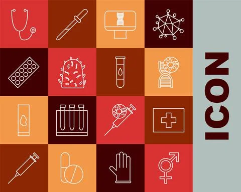 Set line Gender, First aid kit, DNA symbol and virus, spiral computer, Rabies Stock Illustration