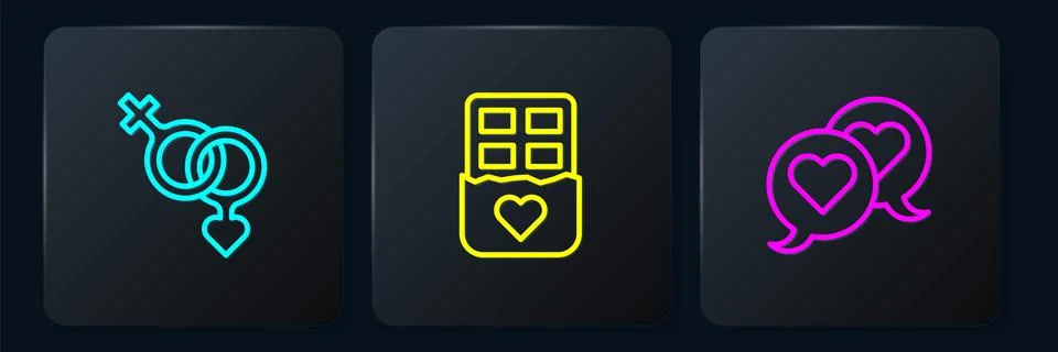 Set line Gender, Heart in speech bubble and Chocolate bar. Black square but.. Stock Illustration