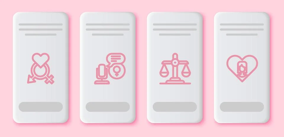 Set line Gender, Microphone, equality and Heart with female. White rectangle Stock Illustration