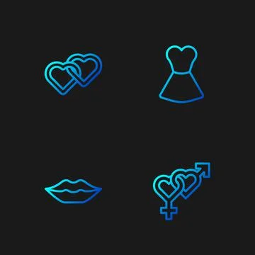 Set line Gender, Smiling lips, Two Linked Hearts and Woman dress. Gradient color Stock Illustration