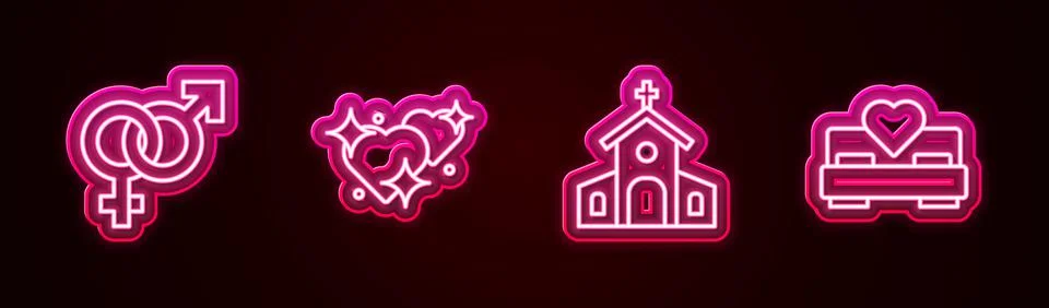 Set line Gender, Two Linked Hearts, Church building and Bedroom. Glowing neon Ilustración de archivo