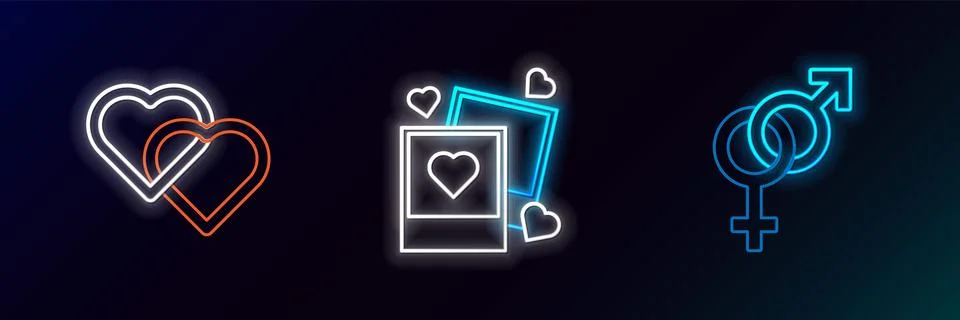 Set line Gender, Two Linked Hearts and blanks photo frames and hearts icon... Illustrazione stock