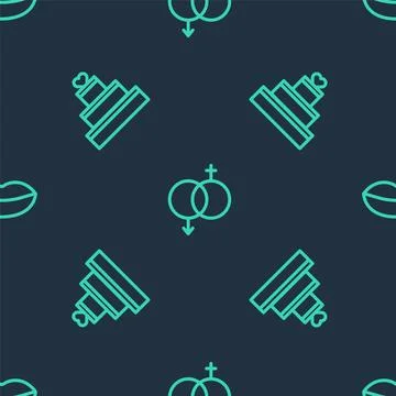 Set line Gender, Wedding cake with heart and Smiling lips on seamless pattern Stock Illustration