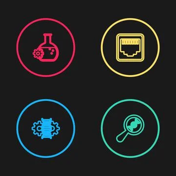 Set line Gene editing, DNA research, search, Network port cable socket and Illustrazione stock