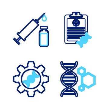 Set line Genetic engineering, Clipboard with DNA analysis and Medical syringe イラスト素材