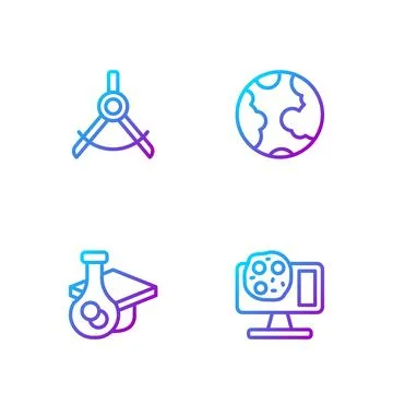 Set line Genetic engineering, Graduation cap, Drawing compass and Earth glo.. Stock Illustration