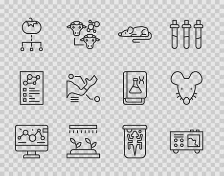 Set line Genetic engineering modification, Spectrometer, Experimental mouse.. Stock Illustration