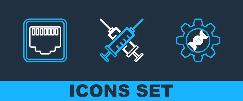 Set line Genetic engineering, Network port cable socket and Crossed syringe.. Stock Illustration