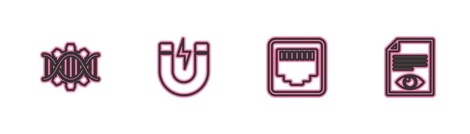 Set line Genetic engineering, Network port cable socket, Magnet with lightnin Stock Illustration