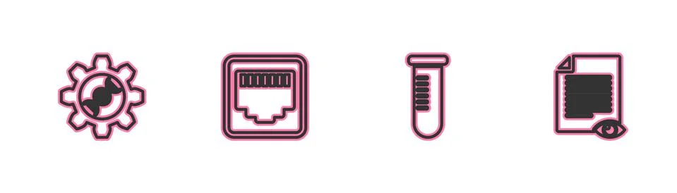 Set line Genetic engineering, Test tube or flask, Network port cable socket and Stock Illustration