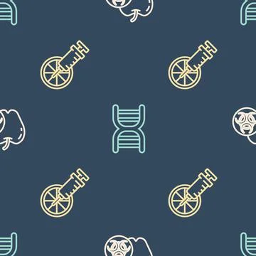 Set line Genetically modified apple, orange and DNA symbol on seamless pattern Stock Illustration