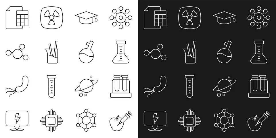 Set line Genetically modified apple, Test tube, Graduation cap, Laboratory 스톡 일러스트