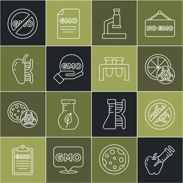 Set line Genetically modified apple, Stop GMO, orange, Microscope, No and Test 库存插图