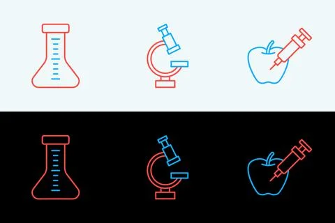 Set line Genetically modified apple, Test tube and Microscope icon. Vector Stock Illustration