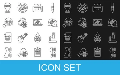 Set line Genetically modified chicken, Microscope, DNA symbol, Test tube and  Illustrazione stock