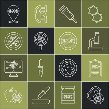 Set line Genetically modified meat, Document for bio healthy food, Microscope Illustrazione stock