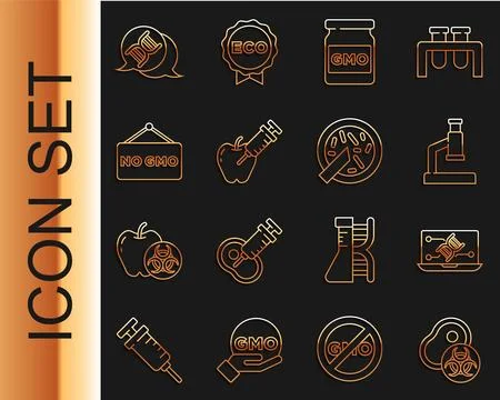 Set line Genetically modified meat, engineering modification, Microscope, G.. Illustrazione stock