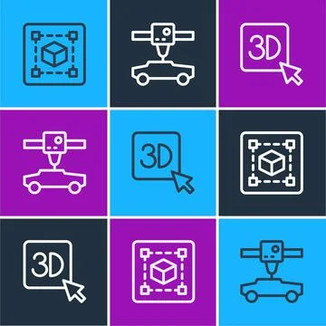 Set line Geometric figure Cube, 3D printer and car icon. Vector Stock Illustration