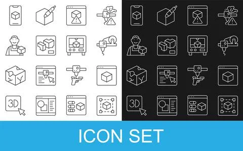 Set line Geometric figure Cube, 3D printer, Graphic designer, software and icon Ilustração Stock