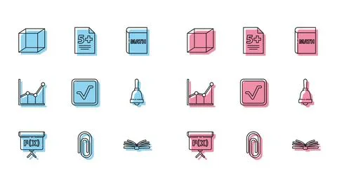 Set line Geometric figure Cube, Book with word mathematics, Function Illustrazione stock