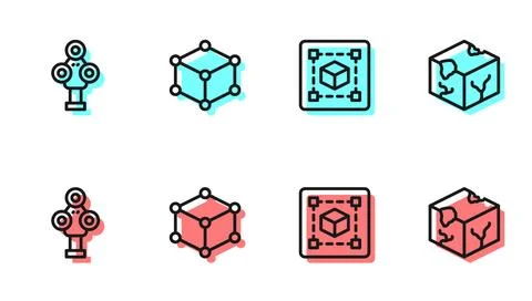 Set line Geometric figure Cube, 3D scanner, Isometric cube and  icon. Vector Stock Illustration