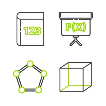 Set line Geometric figure Cube, Pentagonal prism, Chalkboard and Book with word Illustrazione stock