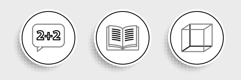 Set line Geometric figure Cube, Equation solution and Open book icon. Vector Stock Illustration