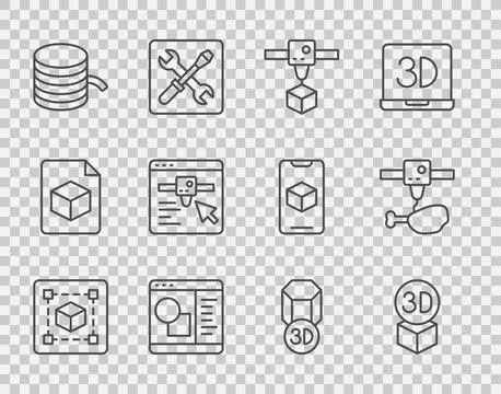 Set line Geometric figure Cube, Isometric cube, 3D printer, software, Filament Ilustração Stock