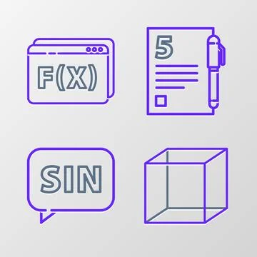 Set line Geometric figure Cube, Mathematics function sine, Test or exam sheet Illustrazione stock