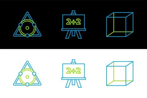 Set line Geometric figure Cube, Triangle math and Chalkboard icon. Vector Stock Illustration
