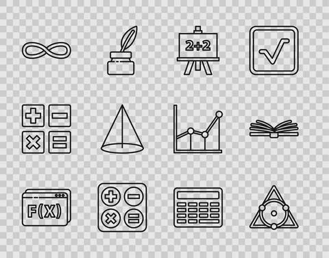 Set line Geometric figure Pentagonal prism, Chalkboard, Calculator, Square root Illustrazione stock