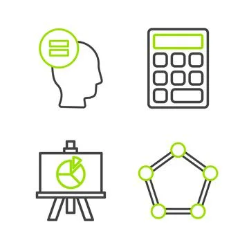 Set line Geometric figure Pentagonal prism, Chalkboard with diagram, Calculator Illustrazione stock