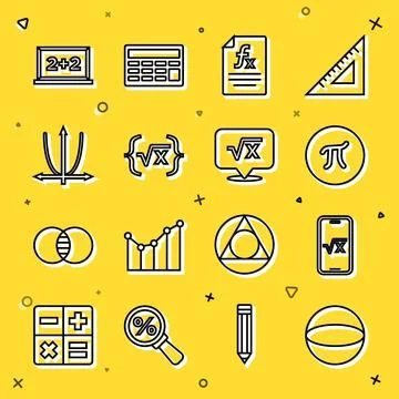 Set line Geometric figure Sphere, Square root of x glyph, Pi symbol, Function Illustrazione stock
