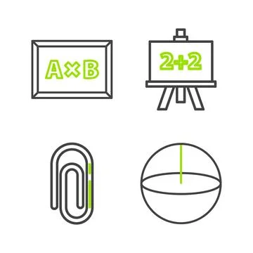 Set line Geometric figure Sphere, Paper clip, Chalkboard and  icon. Vector Illustrazione stock