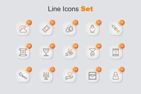 Set line Ghost, Antique treasure chest, Ball levitating above hand, Candles.. Ilustração Stock