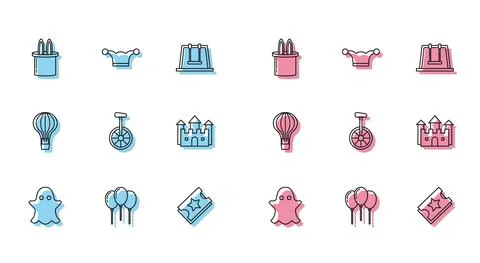 Set line Ghost, Balloons with ribbon, Magician hat and rabbit ears, Ticket Ilustración de archivo