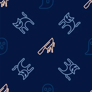 Set line Ghost, Black cat and Bloody knife on seamless pattern. Vector イラスト素材