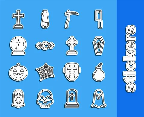 Set line Ghost, Bomb ready to explode, Coffin with christian cross, Scythe Stock Illustration