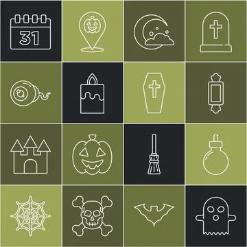 Set line Ghost, Bomb ready to explode, Candy, Moon stars, Burning candle, E.. Stock Illustration