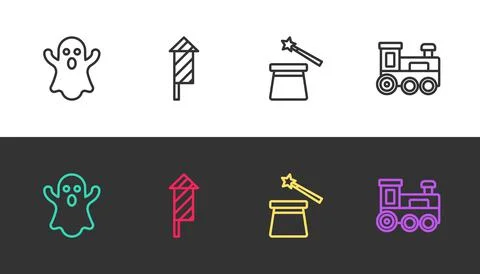 Set line Ghost, Firework rocket, Magic hat and wand and Toy train on black and Stock Illustration