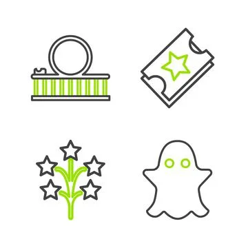 Set line Ghost, Fireworks, Ticket and Roller coaster icon. Vector Illustrazione stock