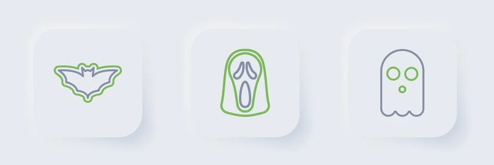 Set line Ghost, Funny and scary ghost mask and Flying bat icon. Vector Stock Illustration