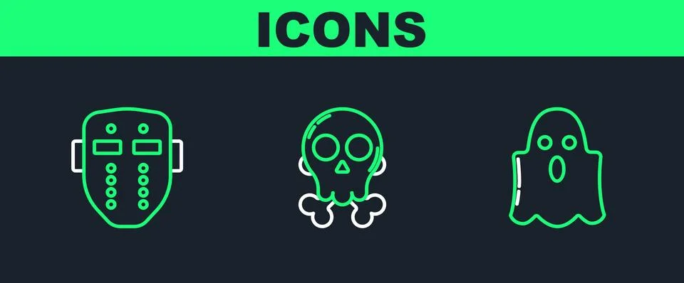 Set line Ghost, Hockey mask and Skull on crossbones icon. Vector Stock Illustration